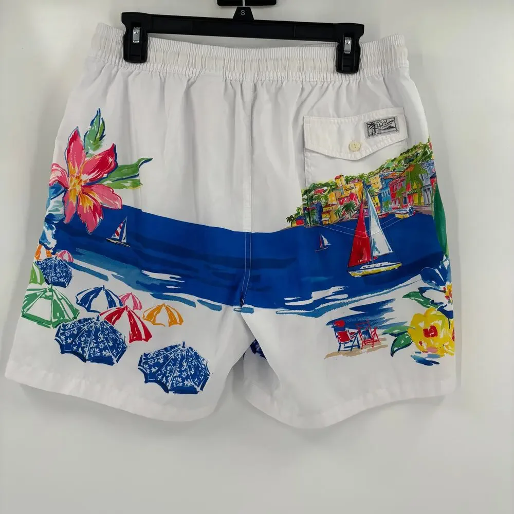 Polo Ralph Lauren Mens Large Multicolor Beach Pattern Stretch Waist Swim Trunks